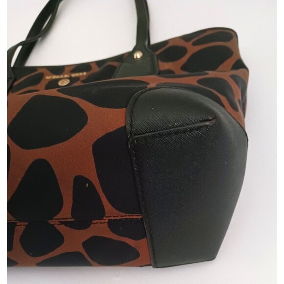 Michael Kors Eva Tote Brown Black Animal Print Nylon Blk Leather Trim - Picture 6 of 11